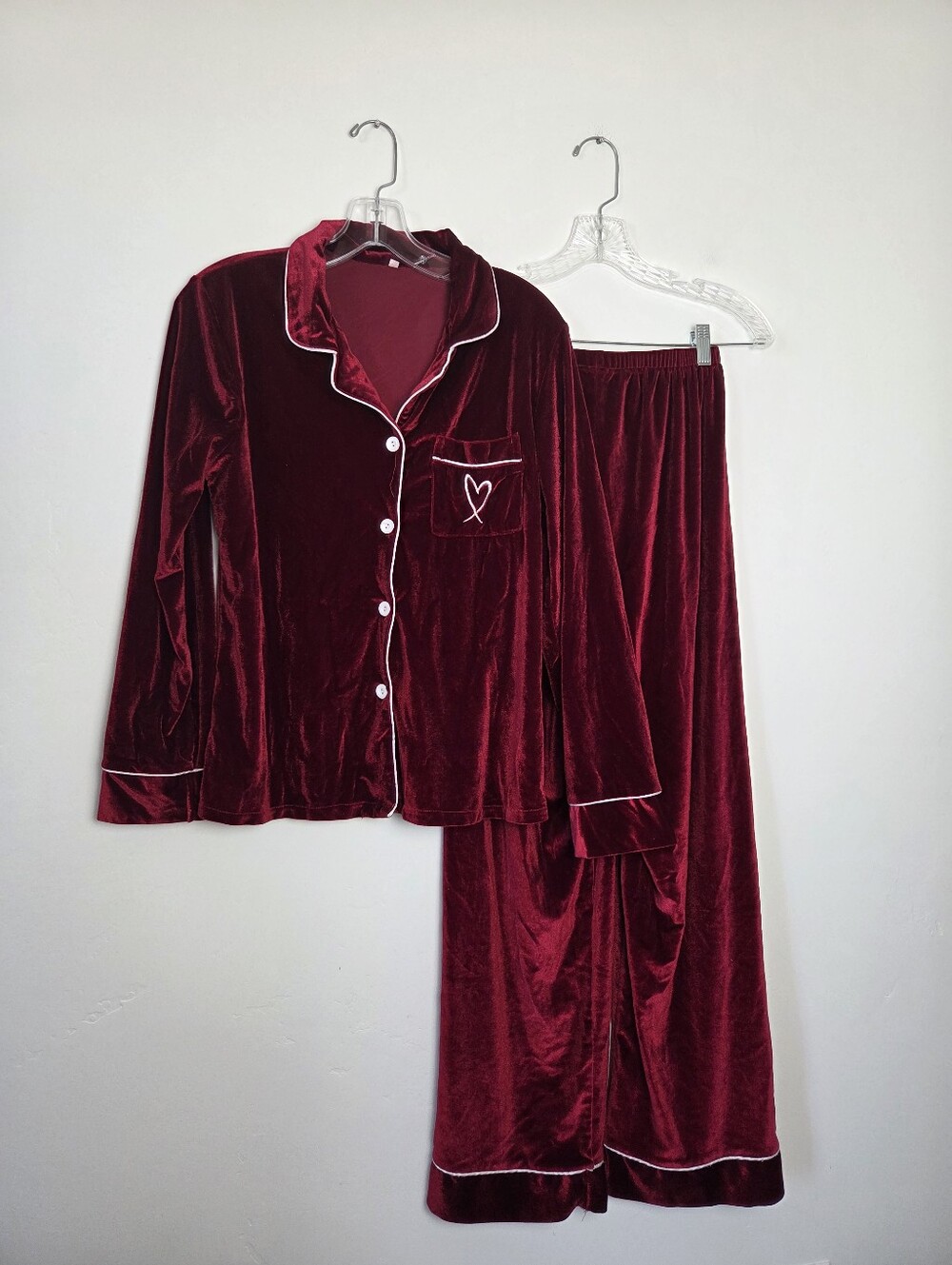 Burgundy Red Velvet Pajama Set Button Front Top Pants Sleepwear Small Romantic